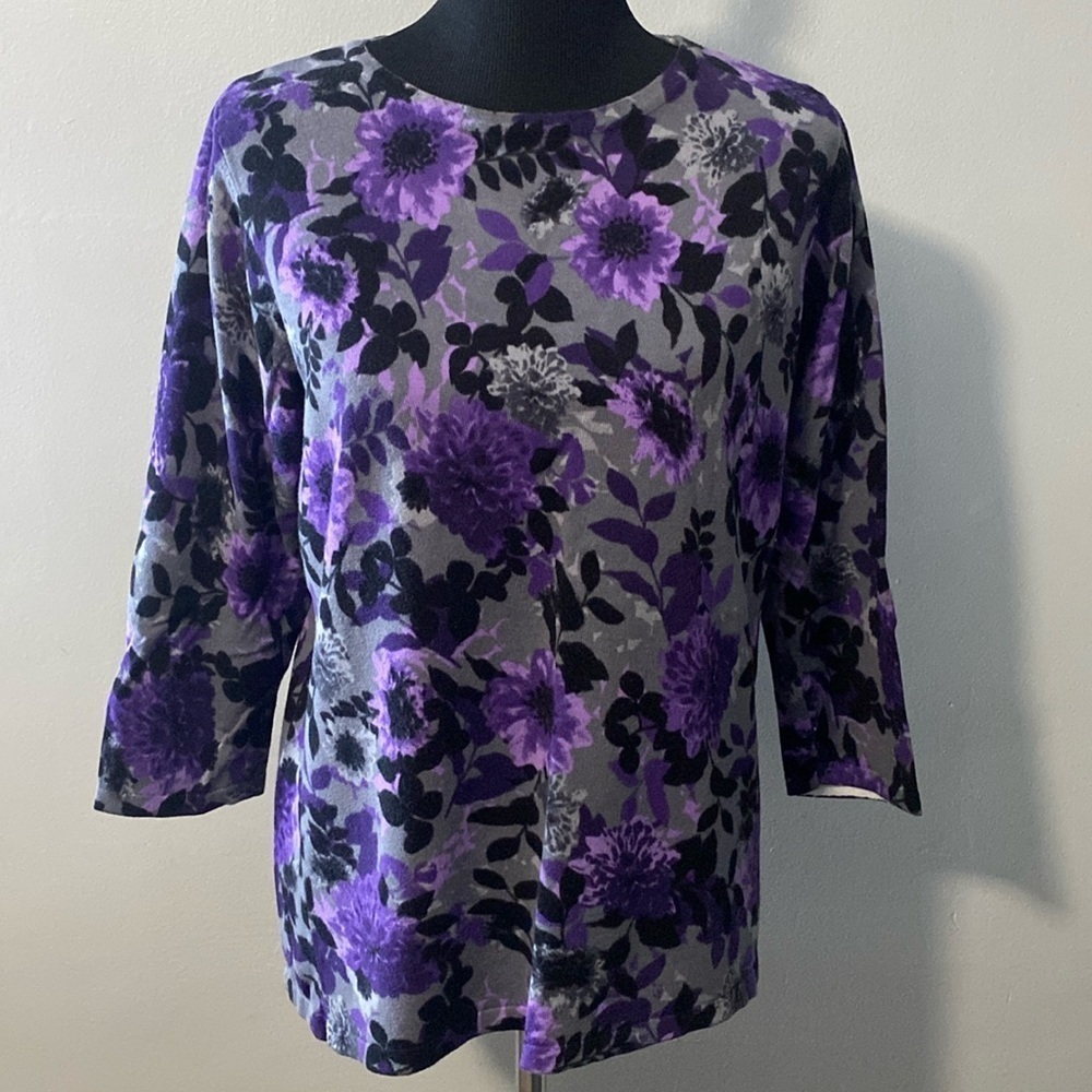 Karen Scott Women’s Lightweight Floral Sweater 3/4 Sleeve Purples Grays Black PL